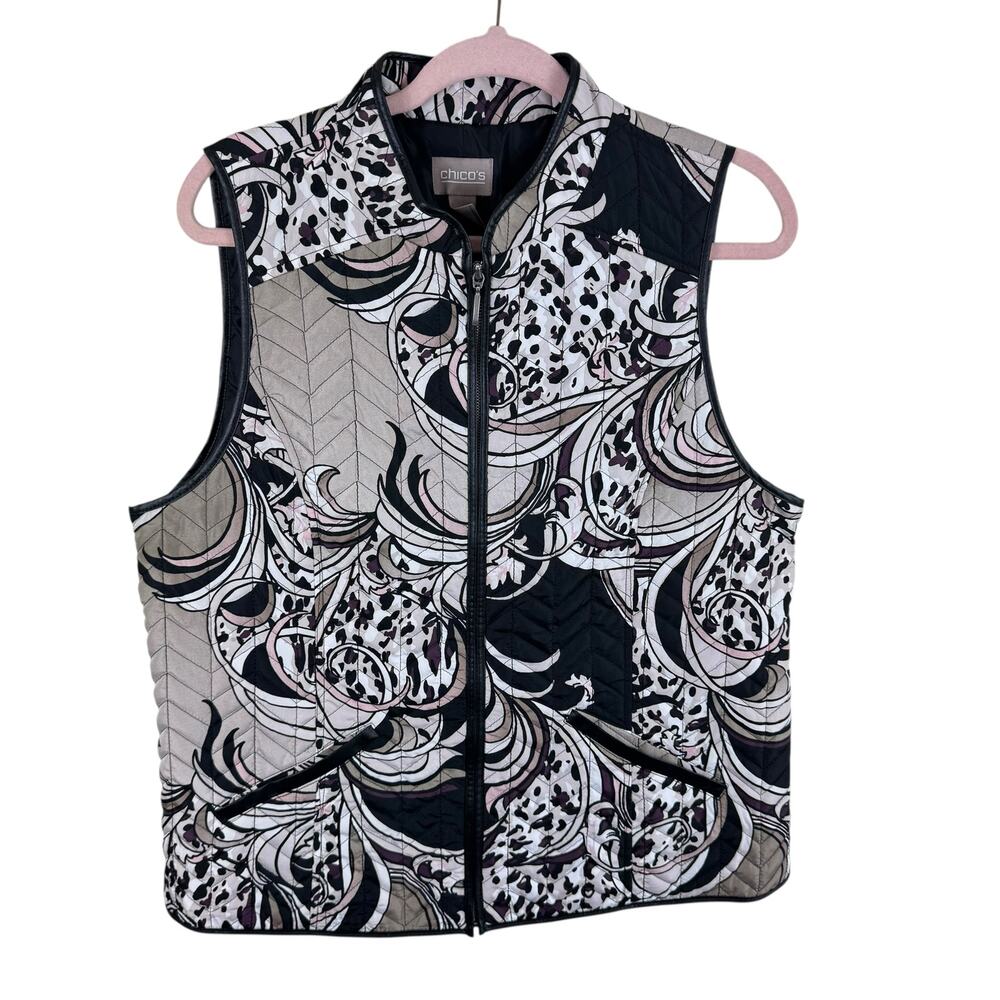 Chico's Quilted Print Vest in Black, White & Taupe
